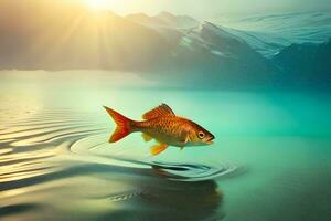 un pescado es saltando fuera de el agua en frente de montañas. generado por ai foto