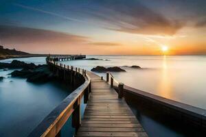 a wooden boardwalk leads to the ocean at sunset. AI-Generated photo