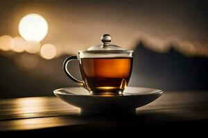 un taza de té se sienta en un platillo en frente de un puesta de sol. generado por ai foto