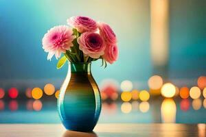 a vase with pink flowers sitting on a table. AI-Generated photo