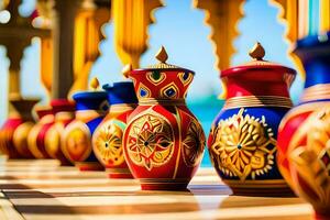 colorful vases lined up on a table. AI-Generated photo