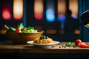 un plato de pasta y vegetales en un mesa con un vaso de vino. generado por ai foto