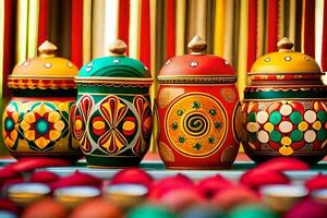 colorful painted pots on display. AI-Generated photo