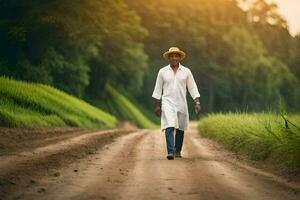 un hombre en un blanco camisa y sombrero caminando abajo un suciedad la carretera. generado por ai foto