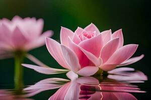 two pink lotus flowers are reflected in the water. AI-Generated photo