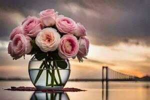 pink roses in a vase on the water. AI-Generated photo