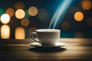 a cup of coffee on a wooden table with a blurred background. AI-Generated photo