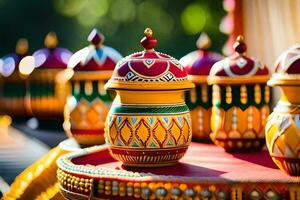 colorful pots on a table with a red background. AI-Generated photo