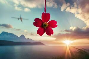 a red flower hanging from a string with a plane flying over the ocean. AI-Generated photo