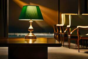 a green lamp is sitting on a table in front of chairs. AI-Generated photo