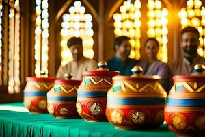 a group of people standing around colorful pots on a table. AI-Generated photo