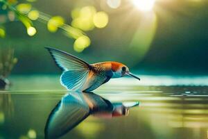 a fish is flying over water with its wings out. AI-Generated photo