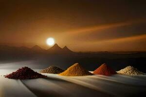 a group of spices in front of a sunset. AI-Generated photo