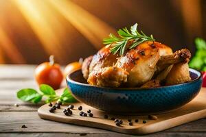 chicken in a blue bowl with herbs and spices on a wooden table. AI-Generated photo