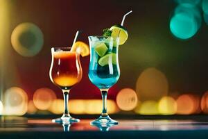 two glasses of cocktails with colorful lights in the background. AI-Generated photo