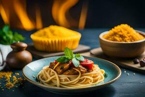 spaghetti with meat and vegetables in a bowl. AI-Generated photo