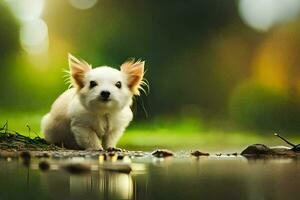 un pequeño blanco perro en pie en el agua. generado por ai foto