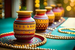 colorful vases on a table with pearls and beads. AI-Generated photo