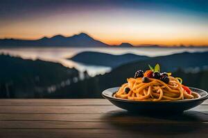 the pasta is served on a wooden table in front of a mountain view. AI-Generated photo
