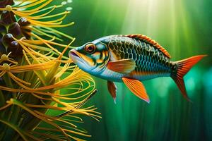 fish in the ocean with a bright green background. AI-Generated photo