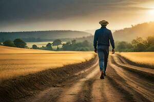 man walking on a dirt road in the middle of a field. AI-Generated photo