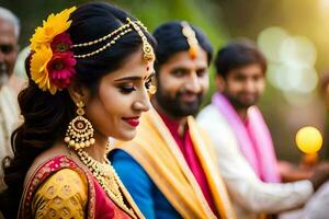 a bride and groom in traditional indian attire. AI-Generated photo