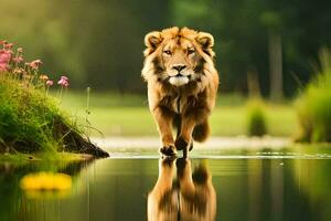 a lion walking across a pond in the grass. AI-Generated photo