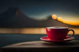 a cup of coffee on a wooden table with a view of the mountains. AI-Generated photo