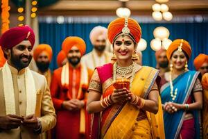 a bride and groom in traditional indian attire. AI-Generated photo