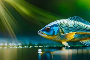 a fish with bright blue eyes and a green background. AI-Generated photo