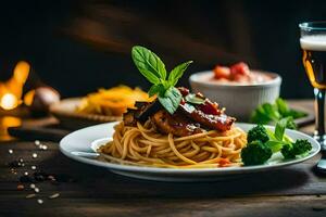 spaghetti with meat and vegetables on a plate. AI-Generated photo