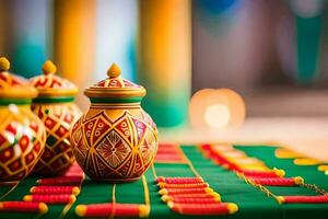 three colorful vases on a table with candles. AI-Generated photo