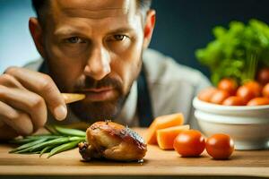 un hombre es comiendo un pollo con vegetales. generado por ai foto