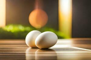 two eggs on a table with a blurry background. AI-Generated photo