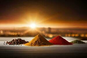 three different spices on a table with the sun in the background. AI-Generated photo