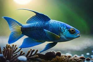 un azul pescado nadando en el agua con coral. generado por ai foto