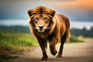 un león caminando abajo un la carretera a puesta de sol. generado por ai foto