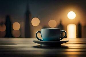 a cup of coffee on a table in front of a cityscape. AI-Generated photo