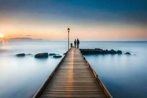 a man and woman standing on a pier at sunset. AI-Generated photo