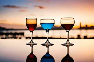 three wine glasses with colored liquid on a table. AI-Generated photo