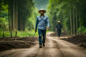 a man walking down a dirt road with a stick. AI-Generated photo