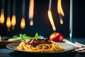 spaghetti with meat and vegetables on a plate. AI-Generated photo