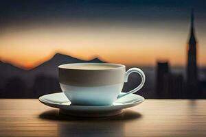 a cup of coffee on a table in front of a cityscape. AI-Generated photo