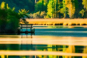 a wooden dock sits on the edge of a lake. AI-Generated photo