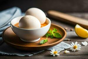 eggs in a bowl with lemon and herbs. AI-Generated photo