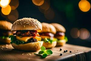 hamburguesas en un de madera mesa con luces. generado por ai foto