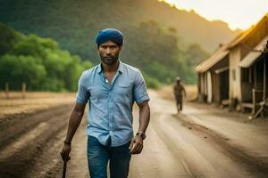 a man in a blue turban walking down a dirt road. AI-Generated photo