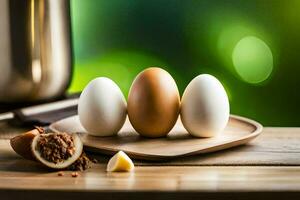 eggs on a wooden tray with a coffee pot. AI-Generated photo