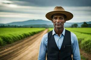 a man in a hat standing in a field. AI-Generated photo