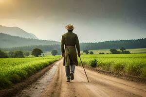 a man in a hat and coat walking down a dirt road. AI-Generated photo